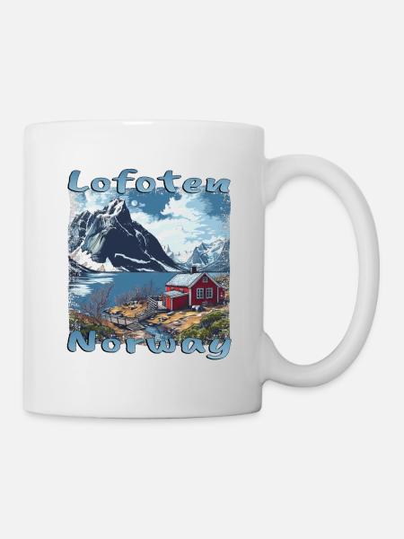 Lofoten Norwegisches Holzhaus Berge Meer Grunge - Tasse - Weiß