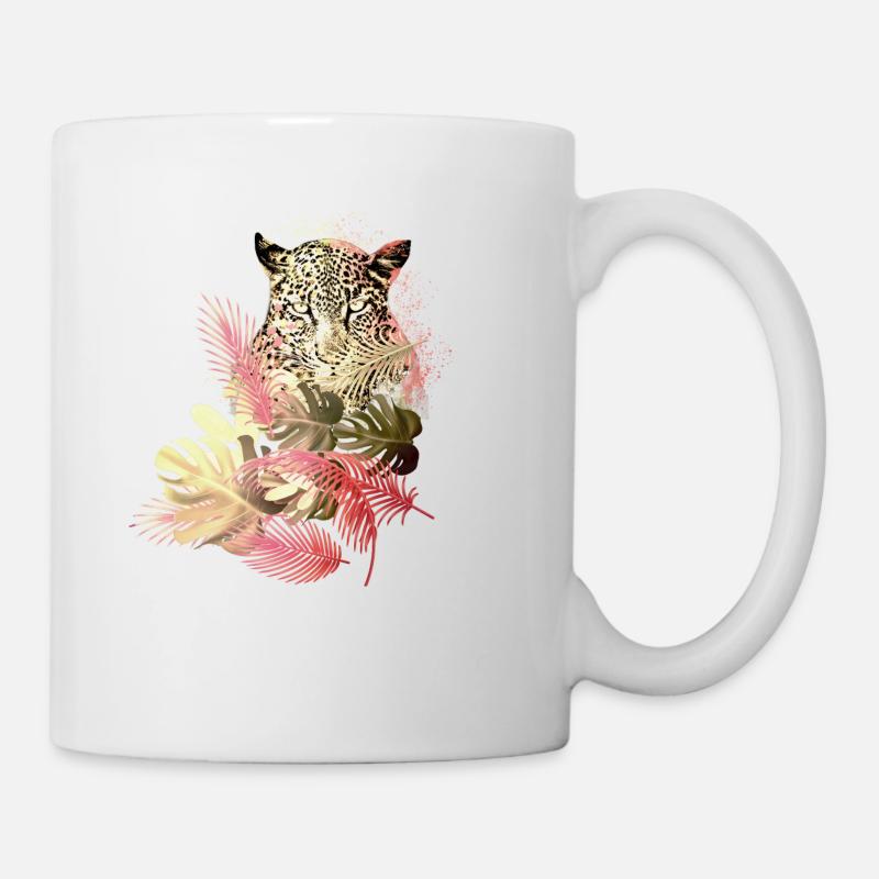 leopard, katze,wildkatze,malerei,blätter,gold,rot - Tasse - Weiß