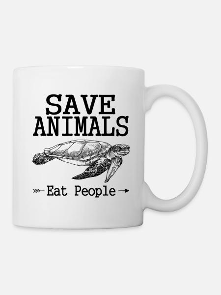 Lustiger Spruch Tiere Schützen, Menschen Essen - Tasse - Weiß