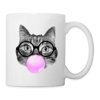 Katze trägt Lesebrille und rosa Kaugummi - Tasse - Weiß - Rechts