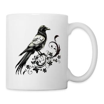 Krähe, Tribal, Rabe Vogel, Nordisch, Floral, Wicca - Tasse - Weiß - Rechts