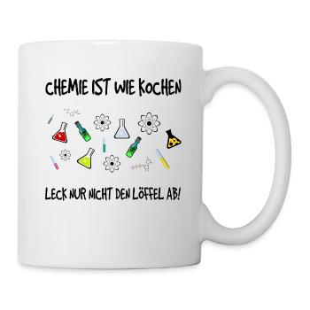"Chemie ist wie kochen" Labor Print mit Schriftzug - Tasse - Weiß - Rechts