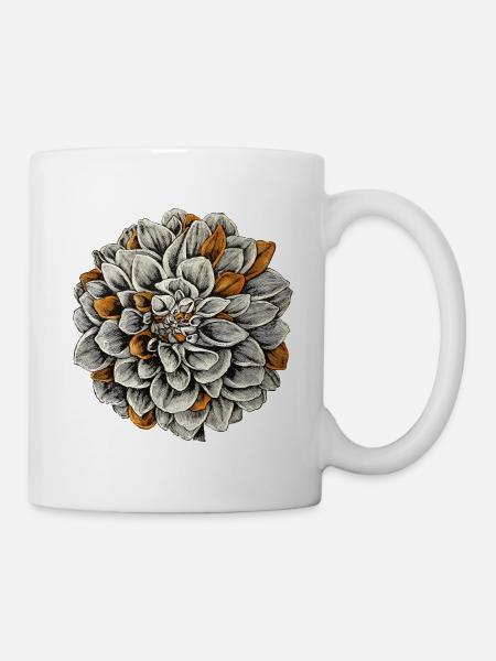 Fleur de dahlia à l'orange, encre, dessin, rétro - Mug blanc - blanc