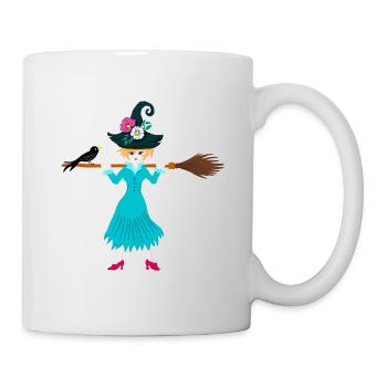 Jeune sorcière avec balai et corbeau - Mug blanc - blanc - Droite
