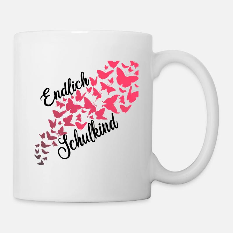 Endlich Schulkind Spruch Einschulung Schmetterling - Tasse - Weiß