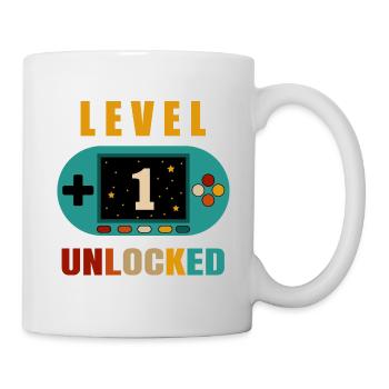 Stufe 1 entsperrt. 1. Geburtstag - Tasse - Weiß - Rechts