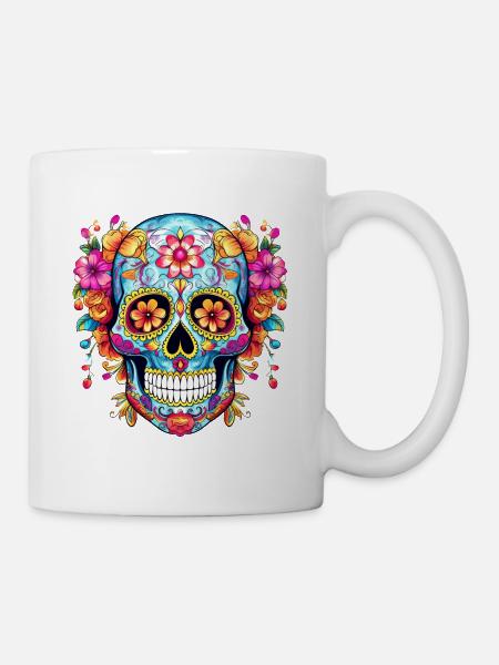 Mexikanischer Totenkopf, Blumen, Schädel, floral - Tasse - Weiß