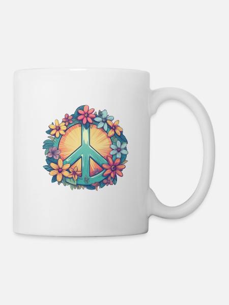 Groovy Retro Peace Zeichen mit Pastell Blumen - Tasse - Weiß