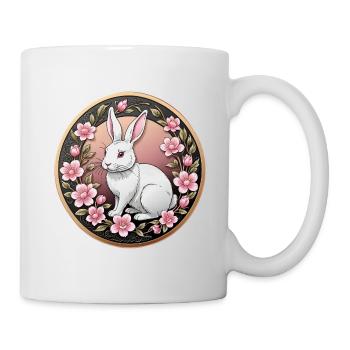 Ausgefallene Münze weißes Kaninchen zwischen rosa Blumen - Tasse - Weiß - Rechts