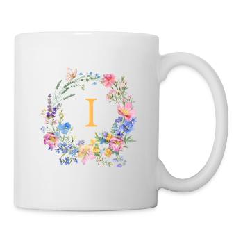 I Monogramm Floral, Blumenkranz, personalisierbar - Tasse - Weiß - Rechts