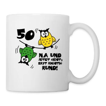 50 Birthday, Owl on the wire rope, round - Mug - white - Right