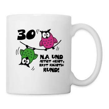 30 birthday, owls on the rope, round - Mug - white - Right