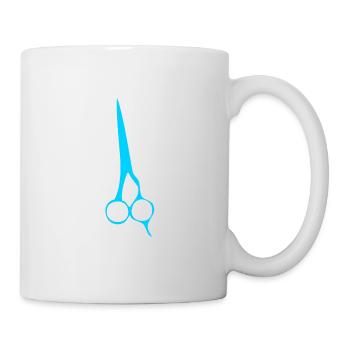 A blue pair of scissors at the barber - Mug - white - Right