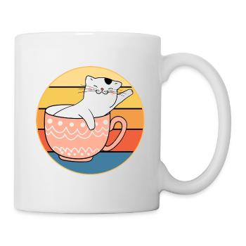 Drôle mignon Kawaii Cat Face Rétro Coucher de soleil - Mug blanc - blanc - Droite