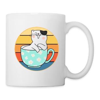 Lustiges süßes Kawaii Katzengesicht Retro Sonnenuntergang - Tasse - Weiß - Rechts