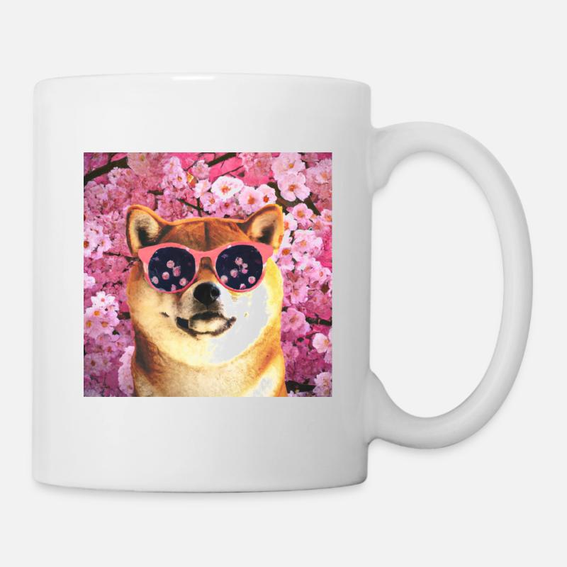 Shiba Inu mit pinker Sonnebrille - Kirschblüten - Tasse - Weiß