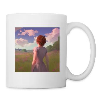 Young woman in nature Flowers Meadow Clouds Sky - Mug - white - Right