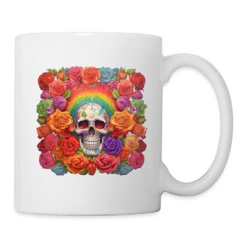 Totenkopf mit Regenbogen im Rosenbett - Tasse - Weiß - Rechts