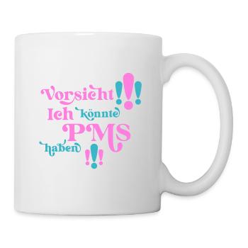 PMS Warnhinweis für Frauen mit Hormonen und Humor - Tasse - Weiß - Rechts