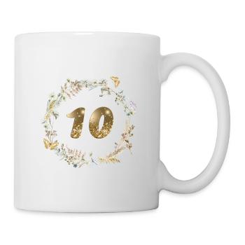 Zahl 10, Glitter, Boho-Kranz, personalisierbar - Tasse - Weiß - Rechts