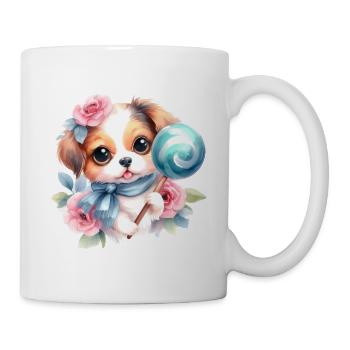 Niedlicher baby Hund mit Blumen und einem Lolli - Tasse - Weiß - Rechts