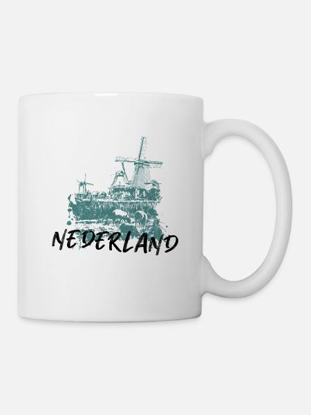 Illustration moulins à vent aux Pays-Bas bleu - Mug blanc - blanc