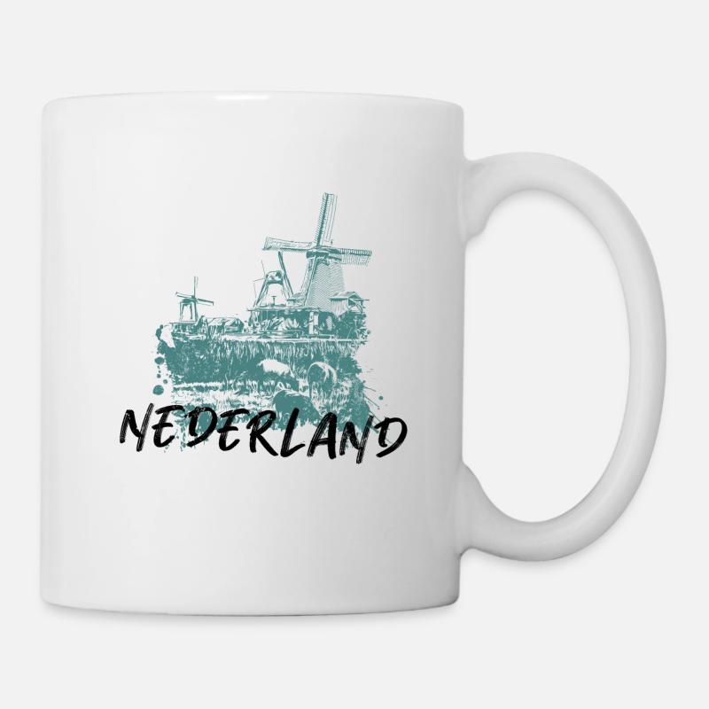 Illustration moulins à vent aux Pays-Bas bleu - Mug blanc - blanc