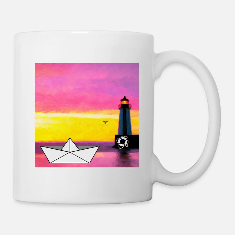 Leuchtturm und Papierboot im Meer - Tasse - Weiß