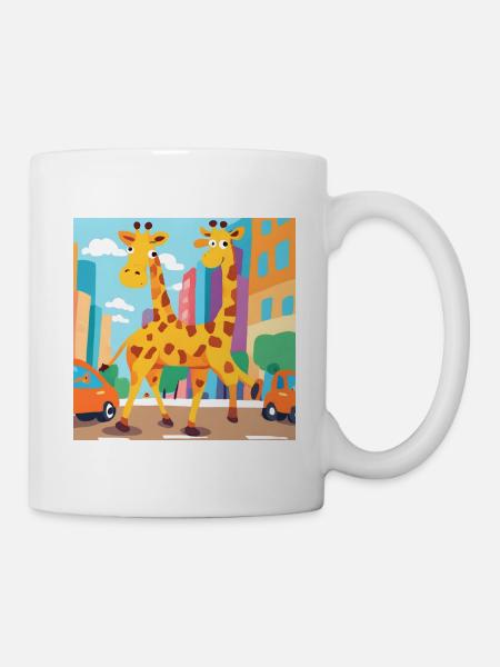 2 Giraffen laufen in einer Stadt mit Autos - Tasse - Weiß