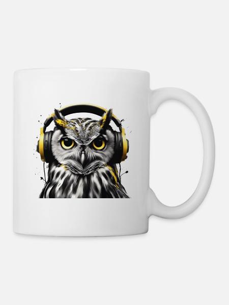 Owl with headphones in monochrome style - Mug - white