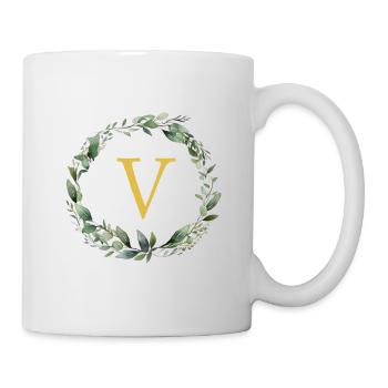 V Monogramm, Eukalyptus-Kranz - Tasse - Weiß - Rechts