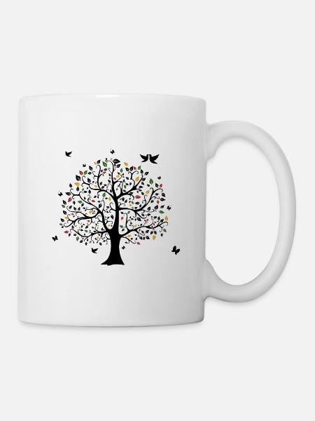 Happiness Hippie Tree Butterfly Bird - Mug - white