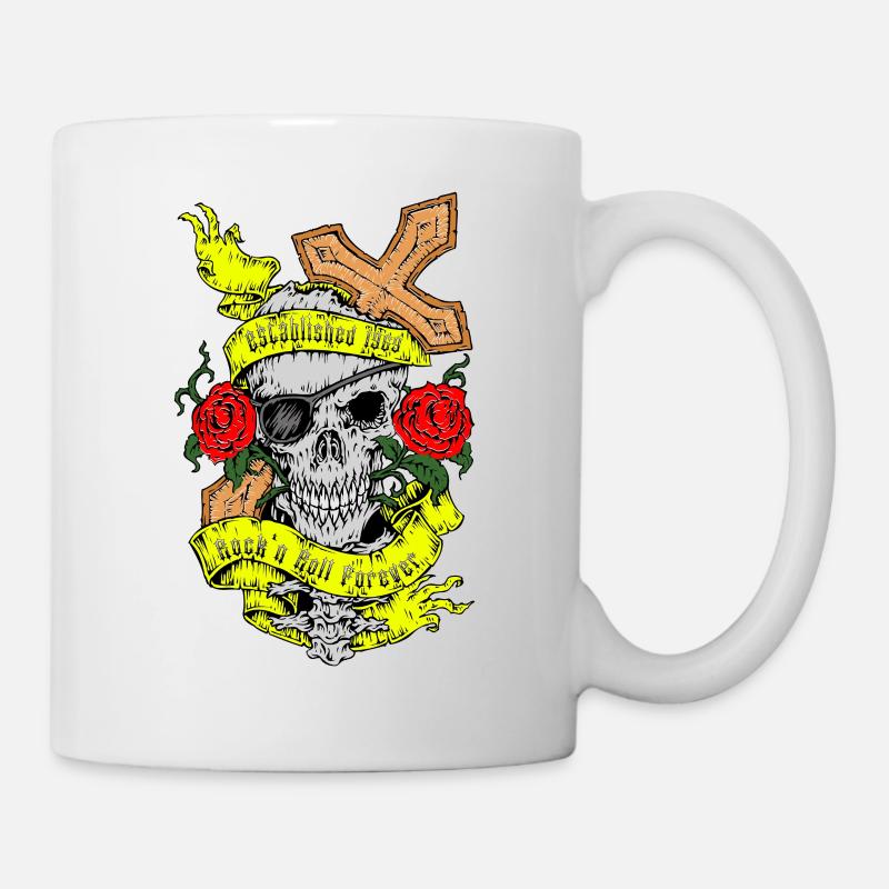 Skull Rose Cross Rock n Roll Rockabilly Art - Mug - white