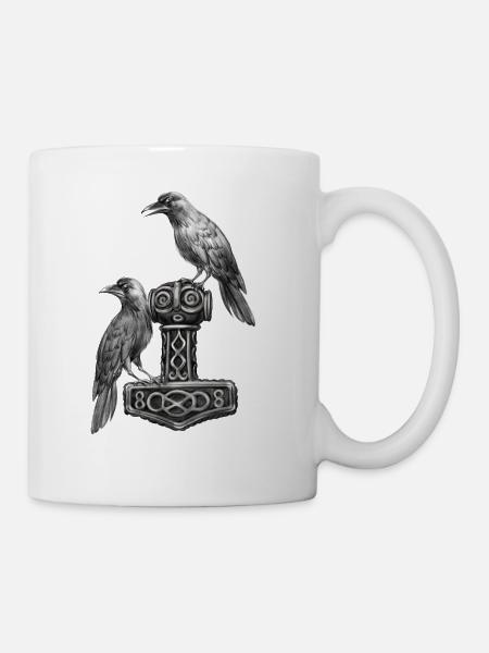 Thor Hammer Mjölnir mit Odin Raben Hugin und Munin - Tasse - Weiß