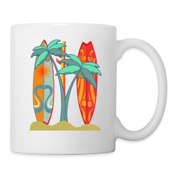 "Surfboard Beach" Palm Trees Illustration Design - Mug - white - Right