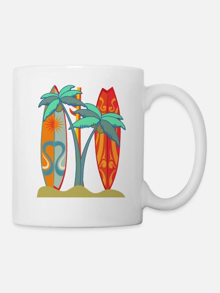 "Surfboard Beach" Palmen Illustration Design - Tasse - Weiß