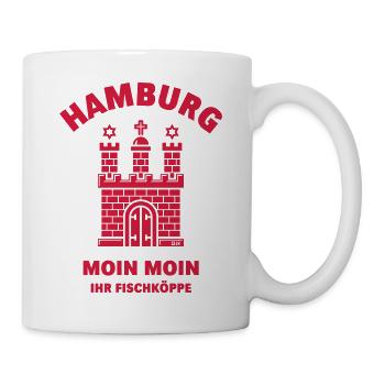 Hamburg – Moin Moin Ihr Fischköppe (Plattdeutsch) - Tasse - Weiß - Rechts
