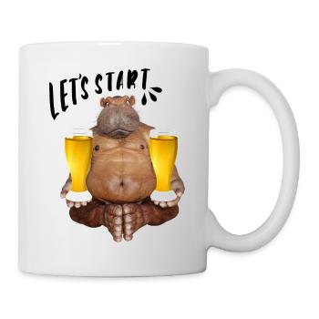 Comic, Nilpferd mit 2 Biergläsern in jeder Hand - Tasse - Weiß - Rechts