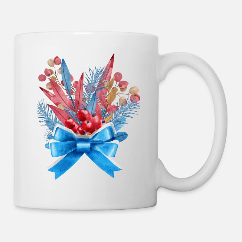 Blue-Red Leaves Bouquet with Blue Ribbon - Mug - white