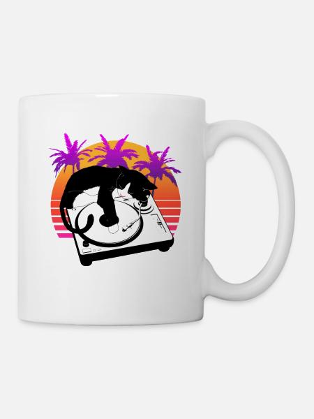 Cat joue de la musique sur un disque vinyle - Mug blanc - blanc