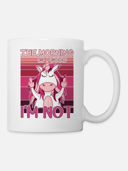 Böses Einhorn zeigt Mittelfinger. Morgenmuffel - Tasse - Weiß