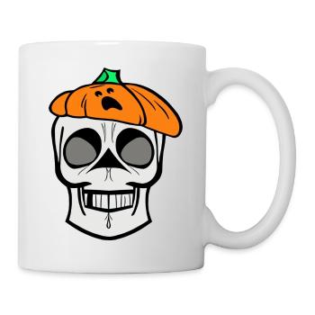 Skeleton skull with pumpkin beret, cartoon, autumn - Mug - white - Right