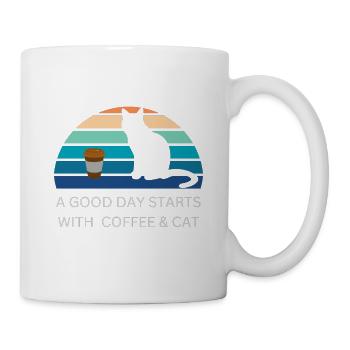 Cat Lover Shirt GOOD DAY STARTS WITH coffee & cat - Mug - white - Right