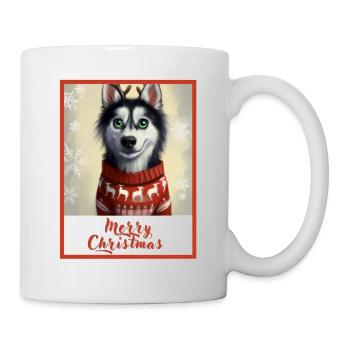 Jeune husky dans un pull de Noël avec des rennes. - Mug blanc - blanc - Droite
