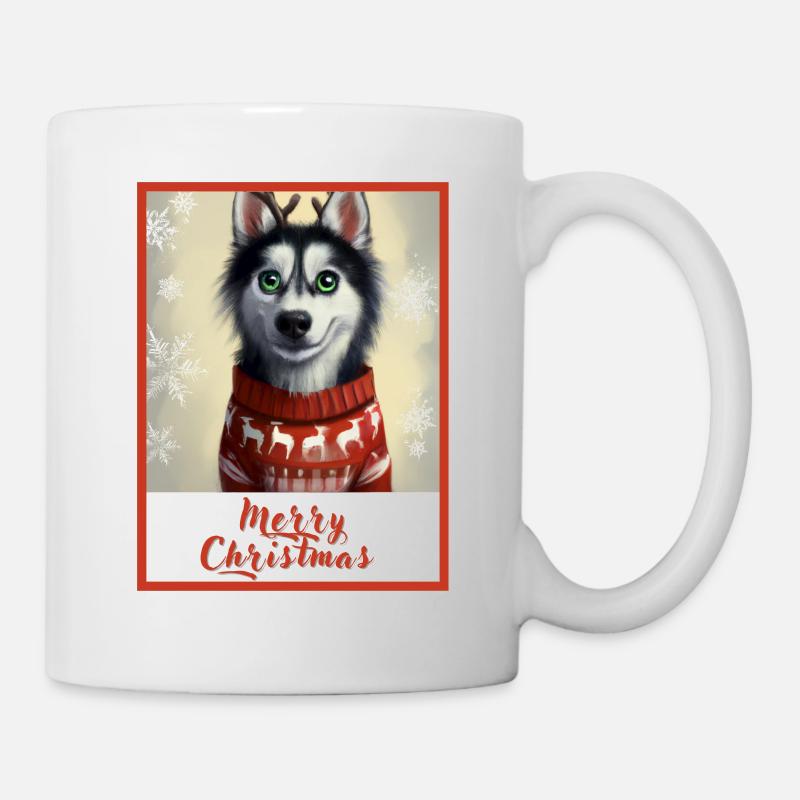 Jeune husky dans un pull de Noël avec des rennes. - Mug blanc - blanc