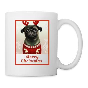 Porträt, süßes glückliches Hündchen (Mops) in einem Weihnachtsfest. - Tasse - Weiß - Rechts