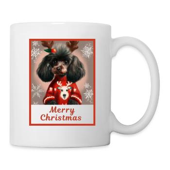 Niedlicher Hund (schwarzer Zwergpudel) in einem festlichen - Tasse - Weiß - Rechts