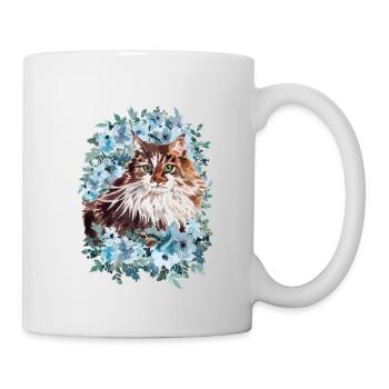 Norwegische Waldkatze mit Blumen - Aquarell - Tasse - Weiß - Rechts