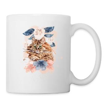 Sibirische Katze mit Blumen - Aquarell - Tasse - Weiß - Rechts