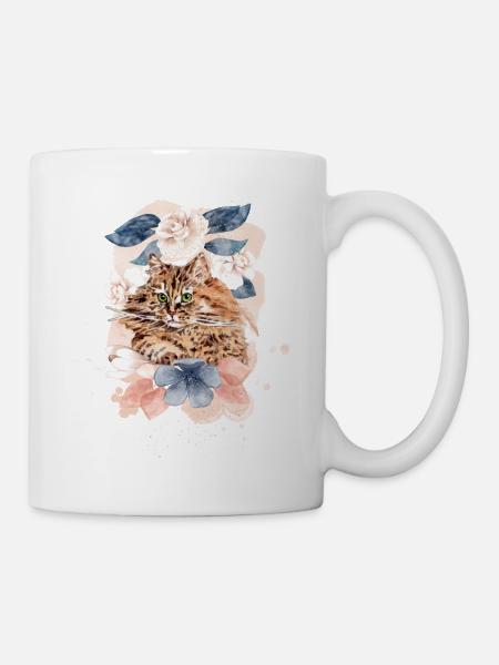 Sibirische Katze mit Blumen - Aquarell - Tasse - Weiß